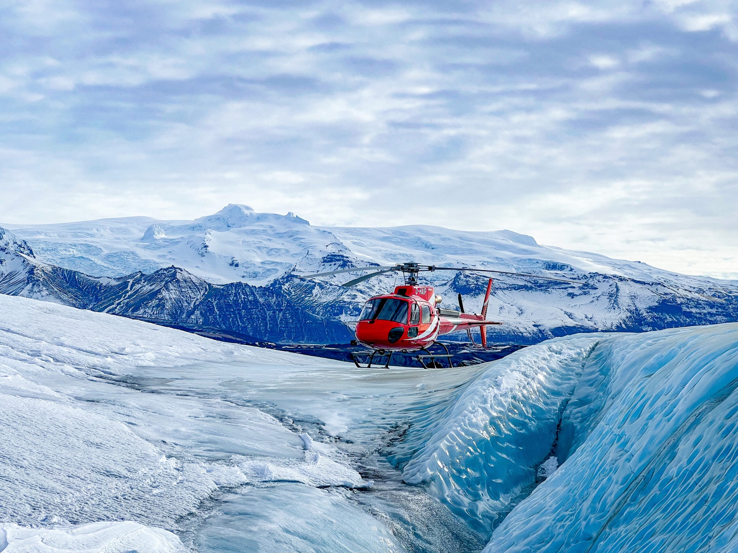 Helicopter on a snowy glacier landscape in Iceland
